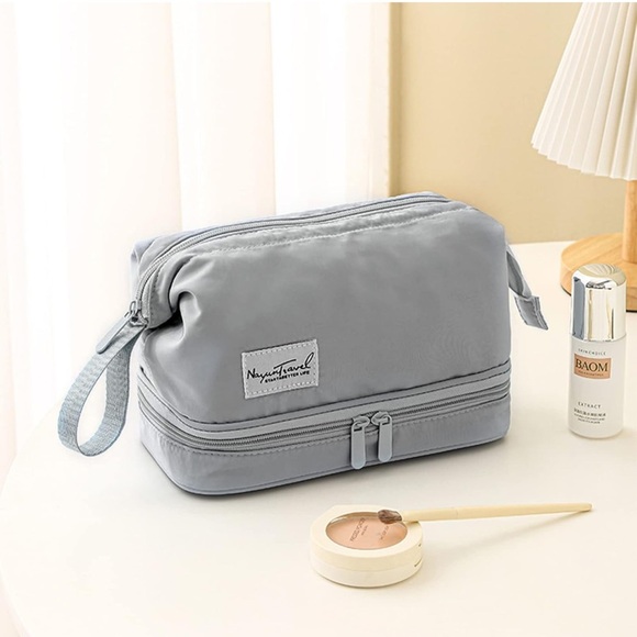 Large Makeup Bag Cosmetic Bag for Women Double LayerGrey Travel Makeup Organizer - Picture 4 of 7